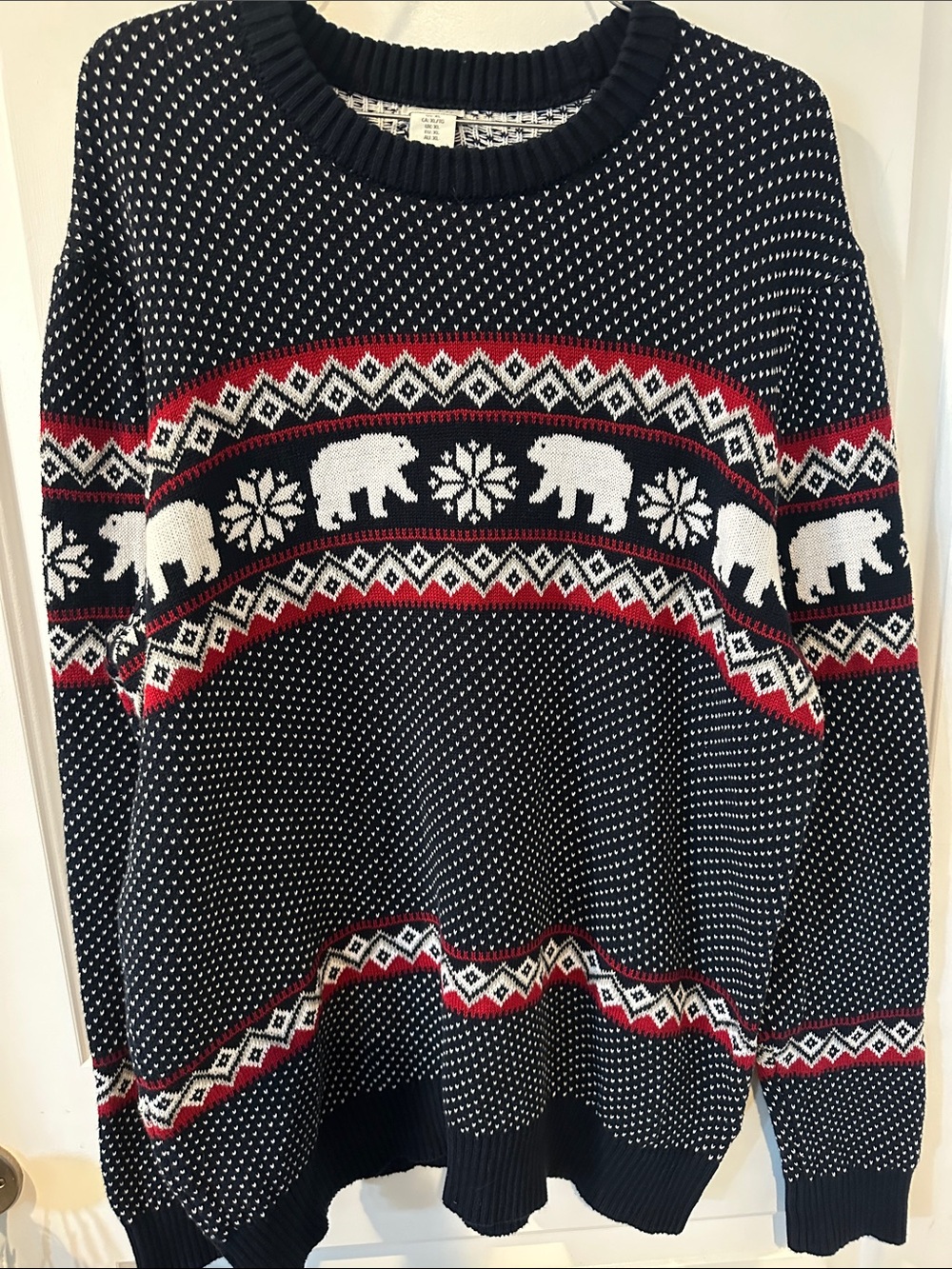 Men's Crewneck Fair Isle Sweater with Polar Bear Motif - Navy/Red/White